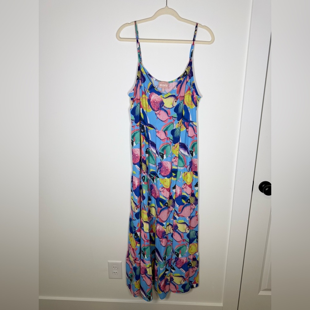 Show Me Your Mumu Under The Sea Caroline Maxi Dress Fish Print Blue Pink 2X